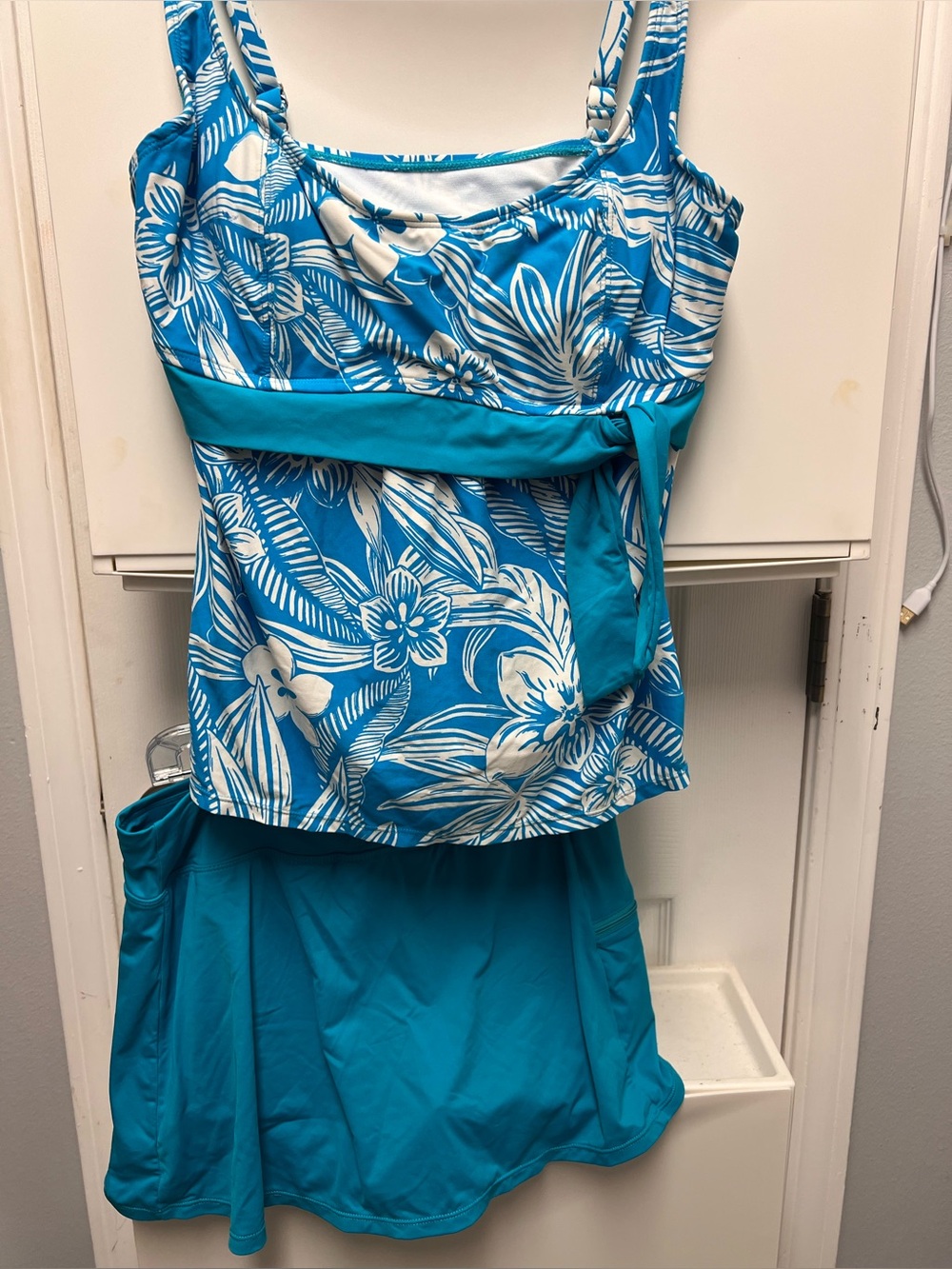 Beach House White and Blue Tropical Print Tankini with Matching Skirt